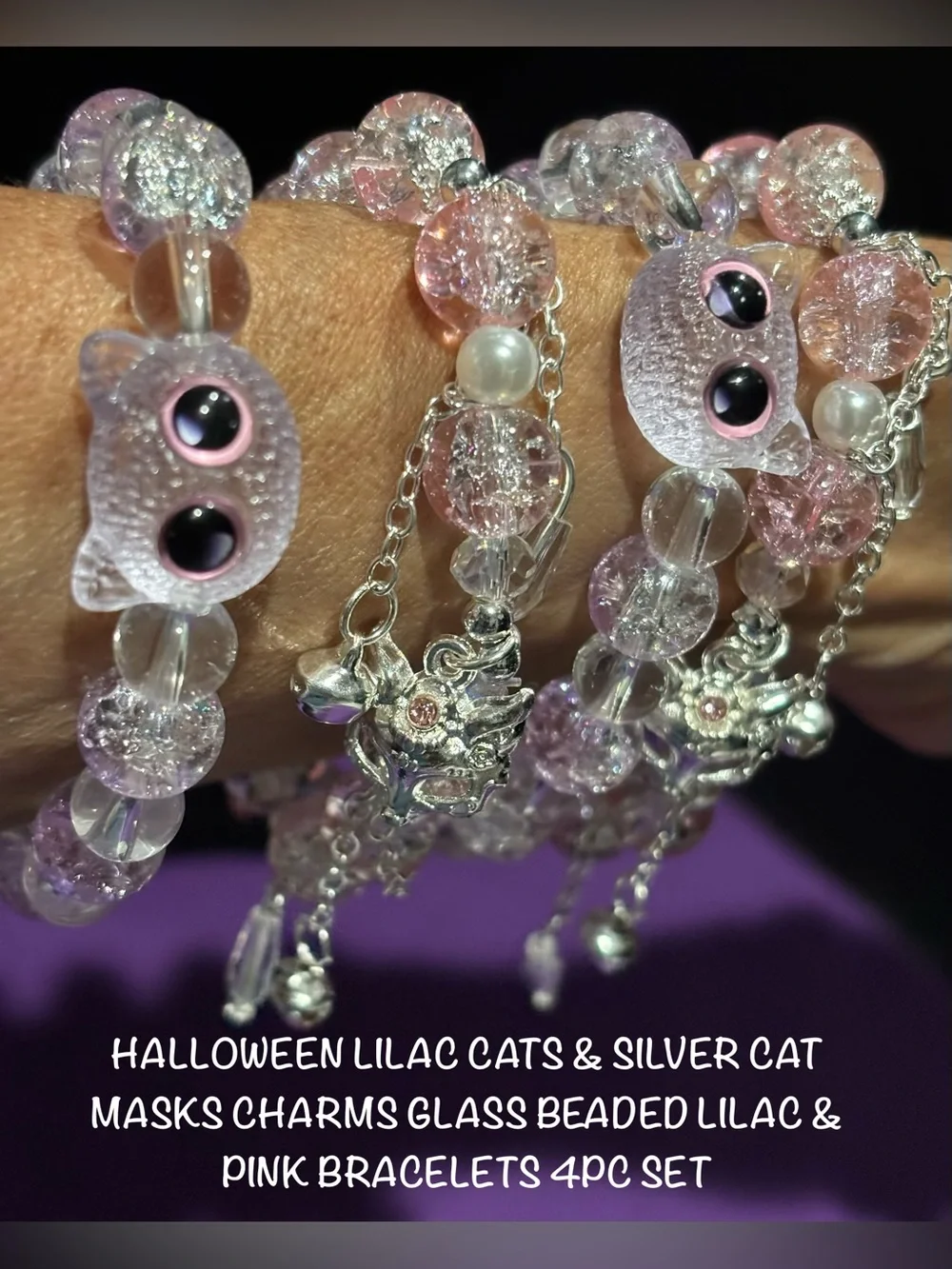Halloween Lilac & Pink Glass Beaded Cat Mask Charm Cat Accent Bracelet 4pc Set
